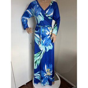 Women's Unbranded V-neck stretch knit Maxi Dress tie Size XL Blue Floral Print
